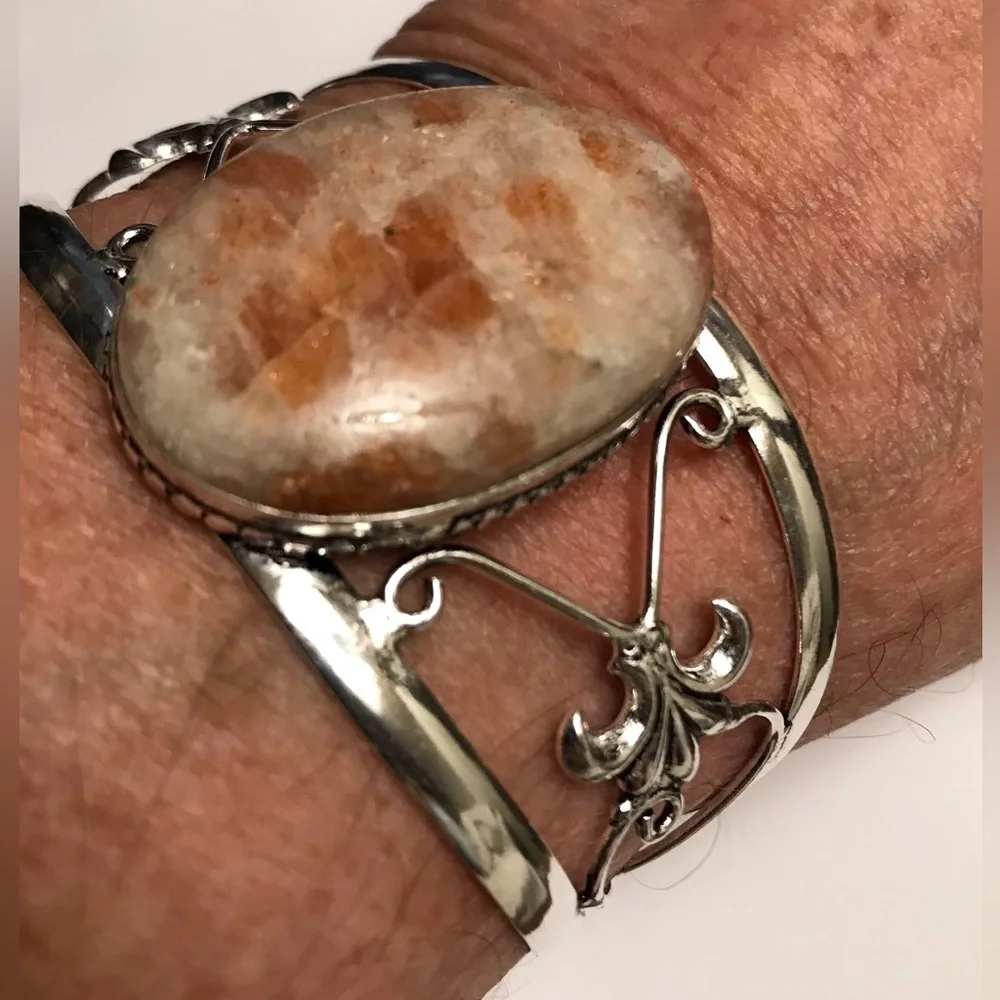 Sunstone Stamped 925 Sterling Silver Cuff Bracelet